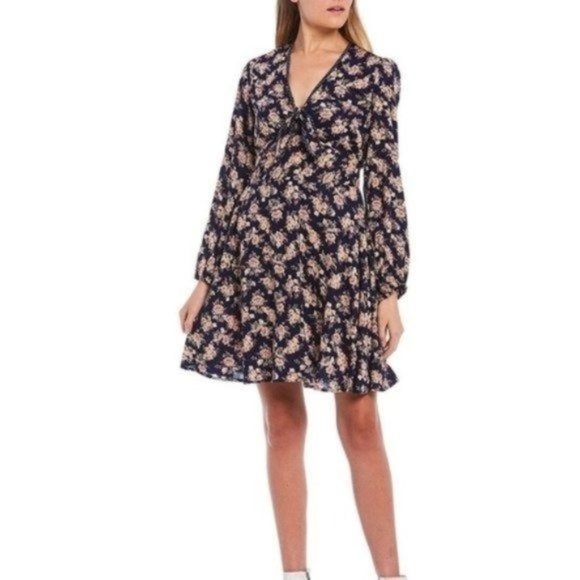 Penna&Pine Dresses & Skirts - Navy Blue Floral Long Sleeve Front Tie Midi Dress
